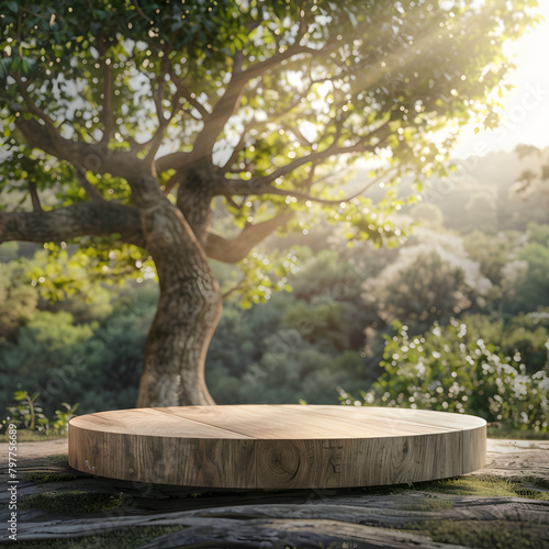 Round wooden podium under a beautiful branched oak tree with woods and sunlight  in the background. Nature sanctuary concept.  photo