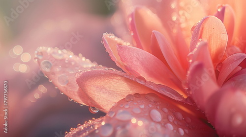 Dew drops sparkle on the bright petals of a flower, illuminated by soft morning light