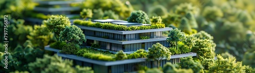 Visualize an ecofriendly corporate office captured in miniature macro photography, using a tiltshift lens to highlight the green and clean energy initiatives Picture the office as a model for a sustai photo