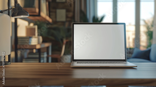 Modern laptop mockup with blank screen on a wooden desk in a cozy home office © Mars0hod
