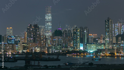 Photography Top view of Hong Kong at night, aerial view from Kowloon bay downtown timelapse