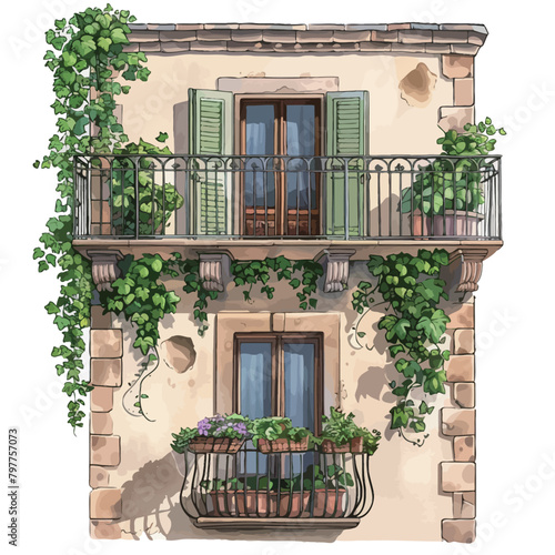Beautiful old house with green plants on the balconies. Vector illustration.