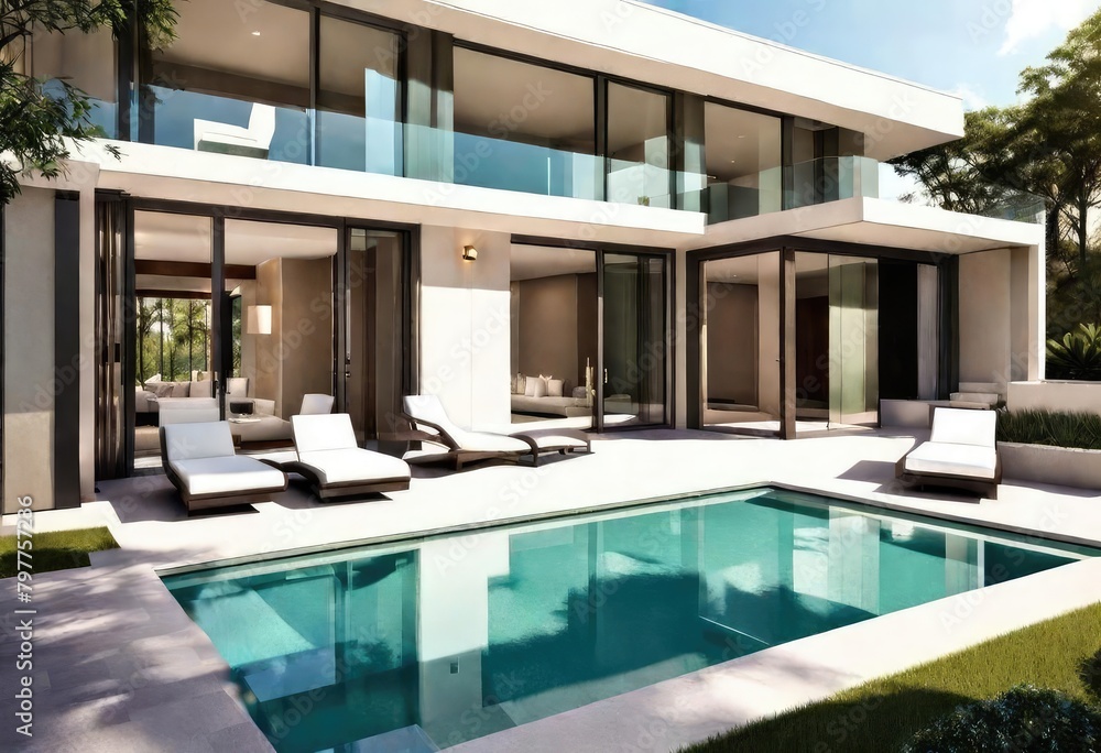 Contemporary home with a stylish pool and comfortable lounging spots, Relaxing outdoor oasis featuring a sleek house and inviting pool area, A luxurious modern retreat with a sparkling pool.