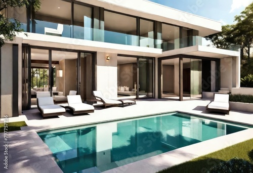 Contemporary home with a stylish pool and comfortable lounging spots, Relaxing outdoor oasis featuring a sleek house and inviting pool area, A luxurious modern retreat with a sparkling pool. © Sunny ART