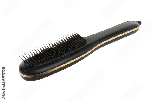 A black brush with a wooden handle resting on a pristine white background