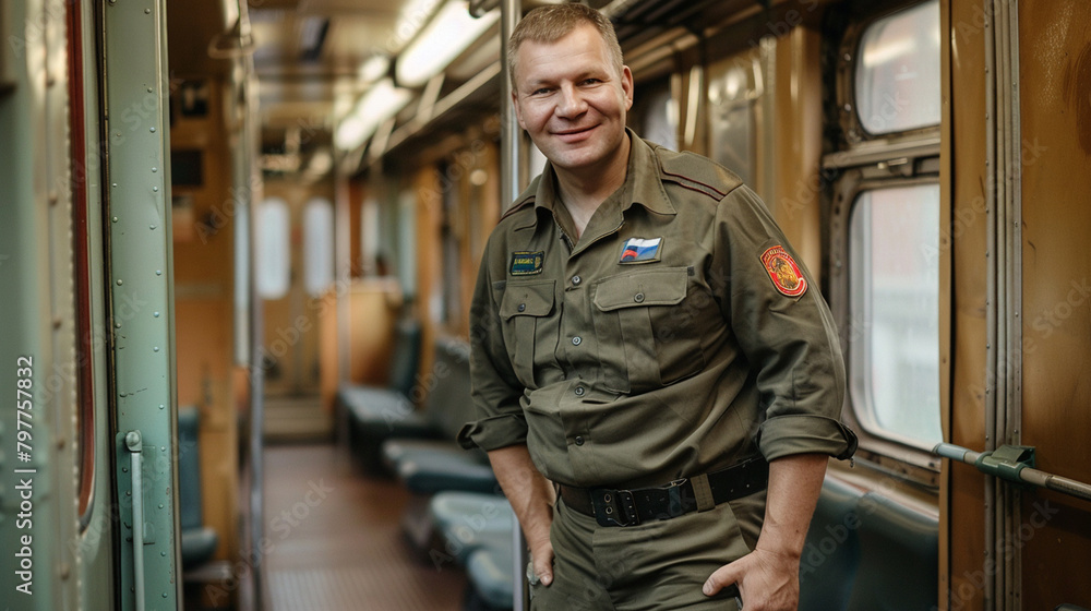 A Russian man dressed in a khaki shirt stands in a train carriage with a charming smile, blur effect in the backgraund A Russian man dressed in a khaki shirt stands in a train carriage with a charming smile, blur effect in the backgraund