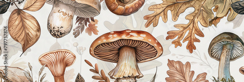 A vintagestyle illustration of various mushrooms. AI generative. photo