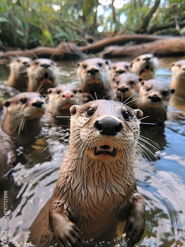 a group of otters in water photo