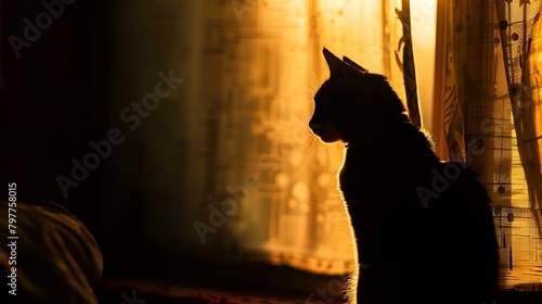 a cat sitting behind a curtain watching outside in the dark