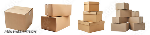 Brown Cardboard boxes of different sizes stacked in a group isolated on a white background © Shivart