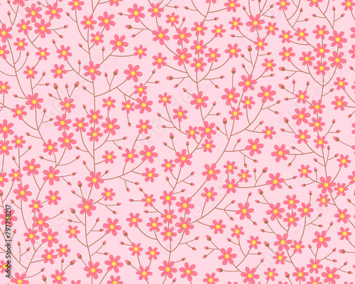 Spring seamless pattern. Cute delicate simple pattern with small sakura flowers and buds. Pink flowers on a pink background. Summer pattern. Vector pattern for design and fashion prints. 