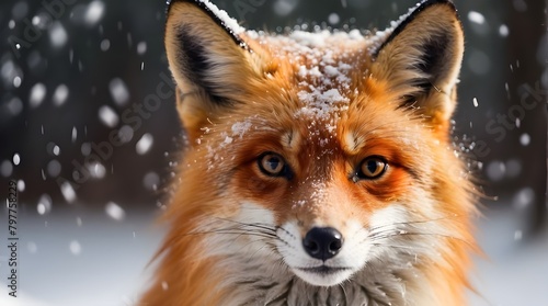A magnificent red fox with shimmering snowflakes on its fur looks straight into the camera  its sharp eyes reflecting the snow falling.