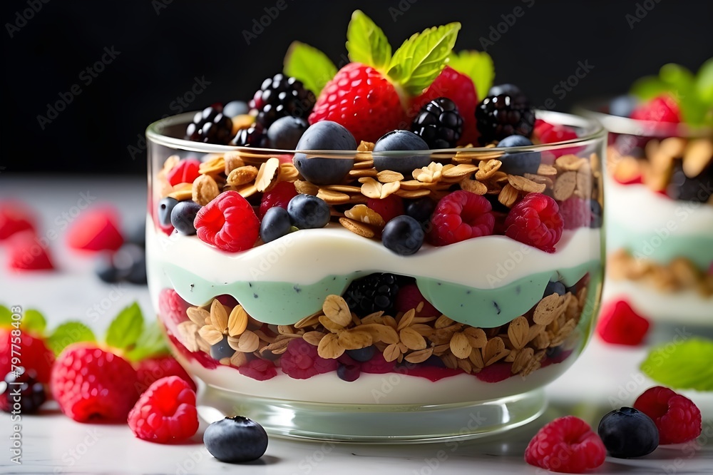 A rich fruit parfait topped with fresh mint leaves and composed of layers of vibrant berries, smooth yogurt, and crisp granola. The nutrient-dense components in this filling dessert are emphasized by A rich fruit parfait topped with fresh mint leaves and composed of layers of vibrant berries, smooth yogurt, and crisp granola. The nutrient-dense components in this filling dessert are emphasized by