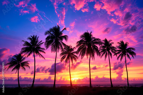 a group of palm trees at sunset on a beach near the ocean