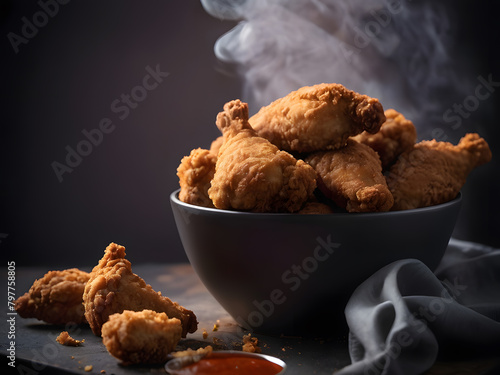 a bowl of fried chicken with smoke coming out of it photo
