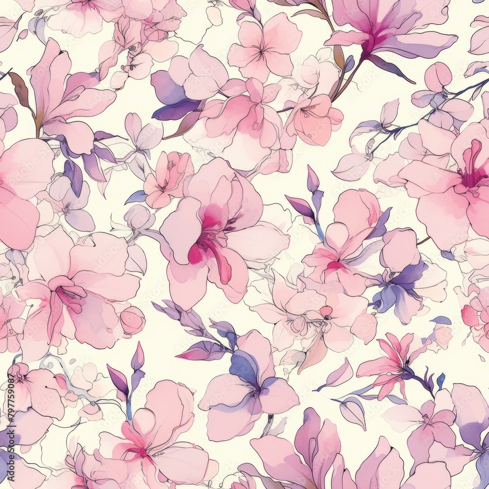 Pastel Floral Pattern with Blossoming Spring Flowers and Foliage Vintage Floral Elegance: Timeless Garden Illustration. Design for background, graphic design, print, poster, interior, packaging paper Pastel Floral Pattern with Blossoming Spring Flowers and Foliage Vintage Floral Elegance: Timeless Garden Illustration. Design for background, graphic design, print, poster, interior, packaging paper