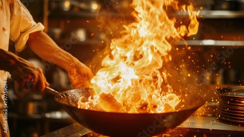 Closeup chef hands holding pan with fire to cooking a food with pan in kitchen. AI generated image
