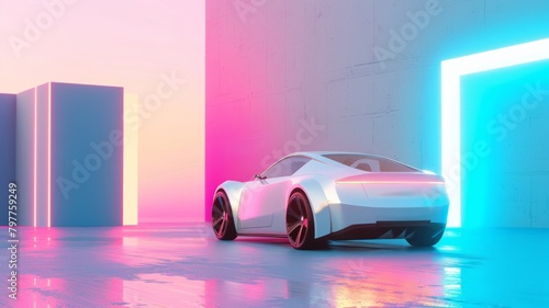 A concept car in a futuristic style in neon light