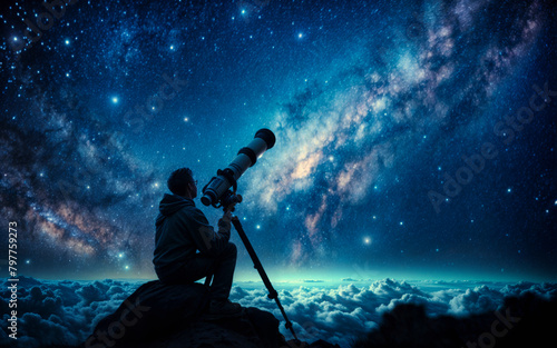 two people are looking up at the stars with a telescope © Wirestock