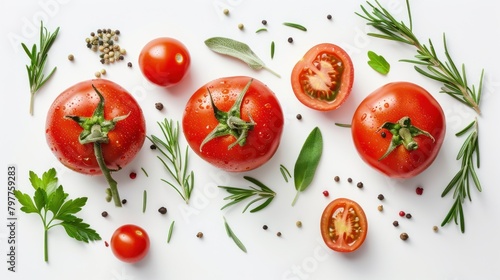 Top view group fresh red tomatoes, spices and herbs leaves on white background. AI generated image