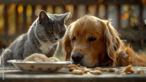 Portrait animal friends golden retriever dog and british cat short hair eating together. AI generate © saifur