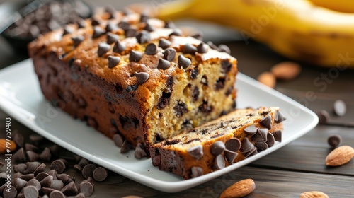 Tasty slices banana cake with choco chips and almond slices topping on white plate. AI generated