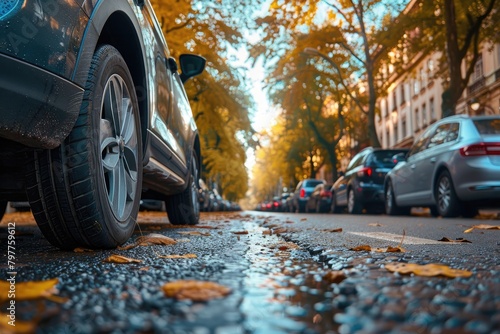 Car on wet asphalt close-up, autumn road outside. Wheel in the foreground © Marat