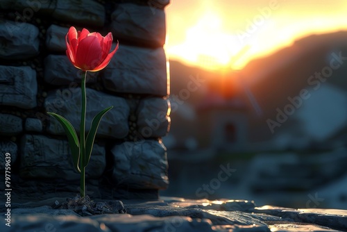 single red tulip against a stone wall at sunset