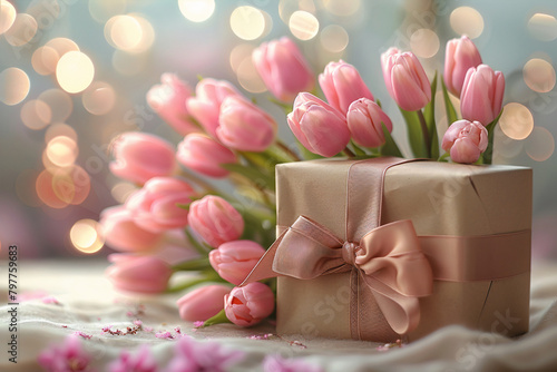 a bouquet of pink tulips sitting next to a present