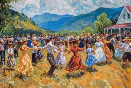 Rustic Community Dance Oil Painting
