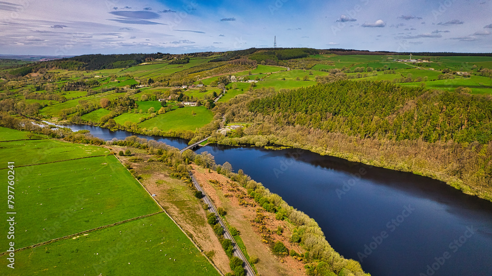 Verdant River Valley Aerial View in North Yorkshire