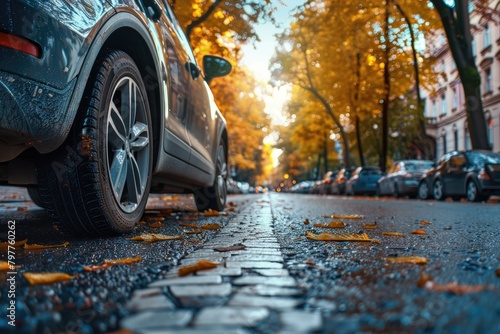 Car on wet asphalt close-up, autumn road outside. Wheel in the foreground © Marat