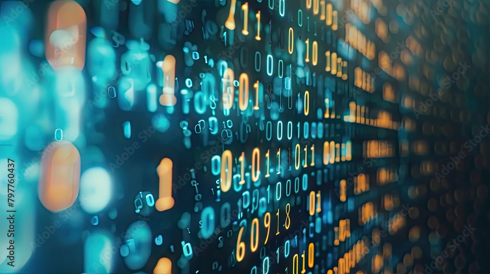 Obraz premium Binary code flowing on a computer screen, representing data analysis