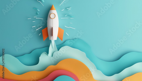  abstract paper rocket taking off on a wavy turquoise and orange background