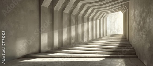 Rectangular prisms casting shadows that form geometric patterns on the background, playing with light and perspective.