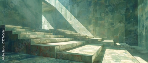 Rectangular prisms casting shadows that form geometric patterns on the background, playing with light and perspective.