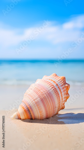 Close-up of beautiful seashells on the beach, blue sky and ocean background © xuan