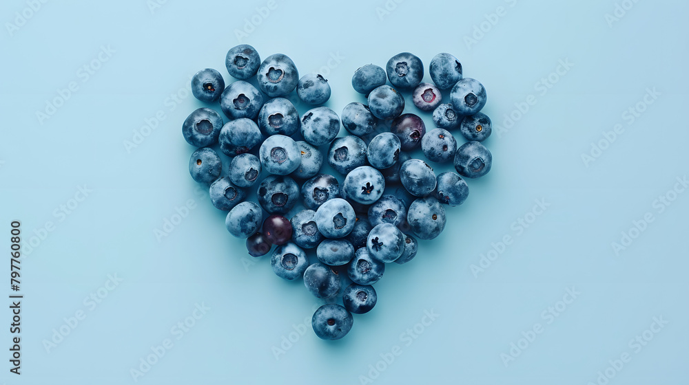 Blueberries arranged in a heart shape on a light blue background. Copy space for text. Food love concept. Blueberries arranged in a heart shape on a light blue background. Copy space for text. Food love concept.