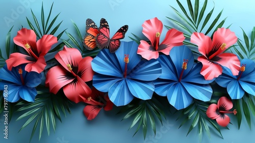 Handcrafted paper flowers and butterfly on blue background