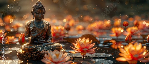 Buddha statue with lotus flower in the pond photo