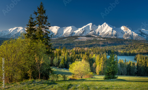 Piękna panorama Tatr Bielskich widziana z Łapszanki w wiosenny poranek (ID: 797761015)