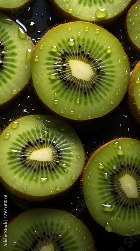 fresh kiwi fruit adorned with glistening raindrops of water background poster 