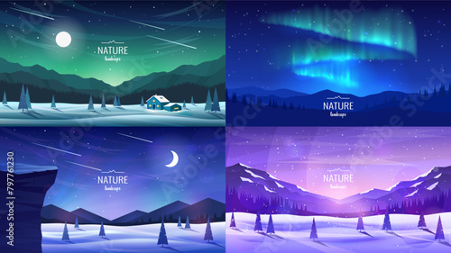 Winter mountain landscapes. Mountains and forest, trees in snow drifts, aurora borealis, a house near the mountains, a snowy valley. Drawings for poster, background or cover. Vector illustrations. 