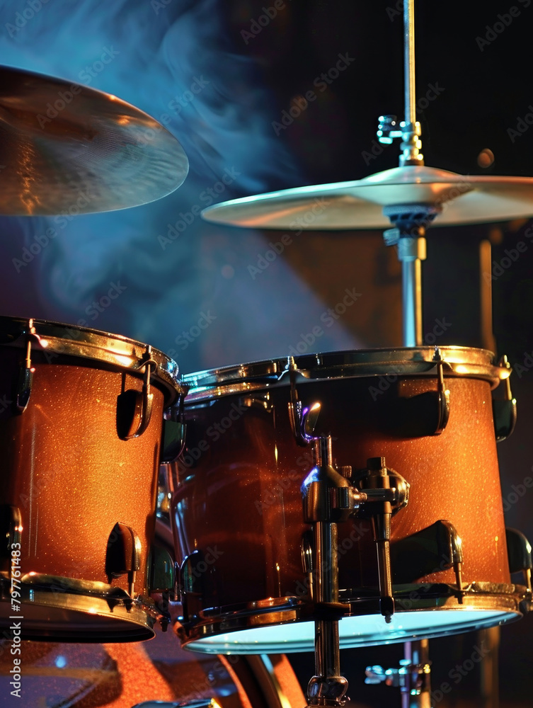 Fototapeta premium Close-up of a drum set on stage with dramatic concert lighting.