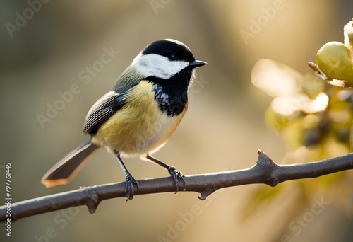 Tiny bird perched on a tree branch next to leaves, AI-generated. © Wirestock