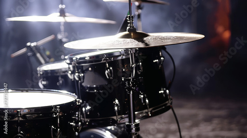 Close-up of a drum set on stage with dramatic concert lighting. photo