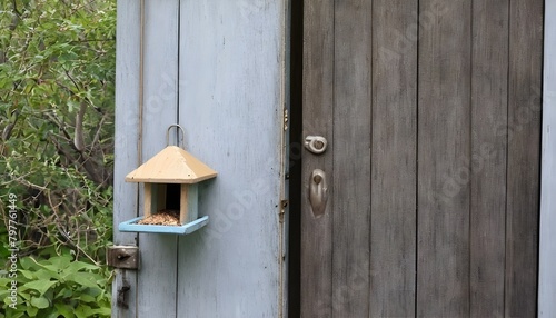 A Weathered Door With A Bird Feeder Hanging On It In A Backyard (4)