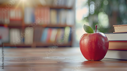 Red apple on teacher's desk with stack of books, blurred student desks in the background. Educational environment concept. Suitable for back-to-school designs and print. Large copy space photo