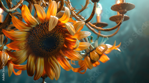 Chandelier made of sunflowers. Light and Sun combination. Decoration concept. photo