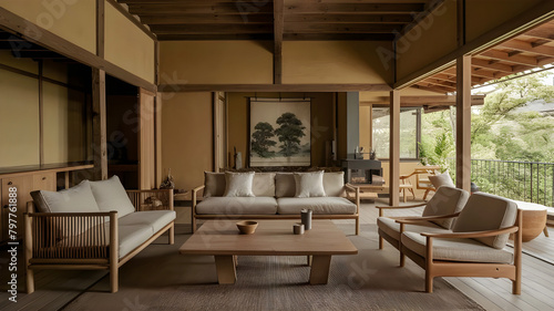 Rustic japandi interior design of modern living room, home. © AL AMIN